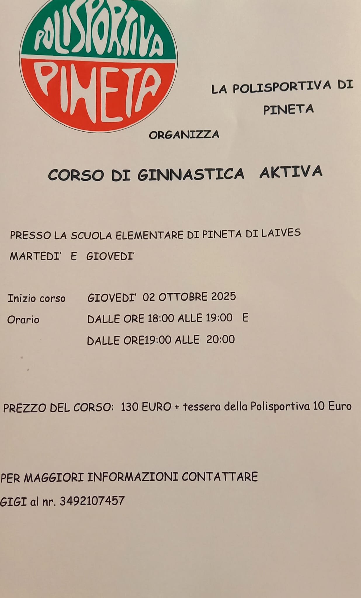 Corso in partenza GINNASTICA AKTIVA PER ADULTI